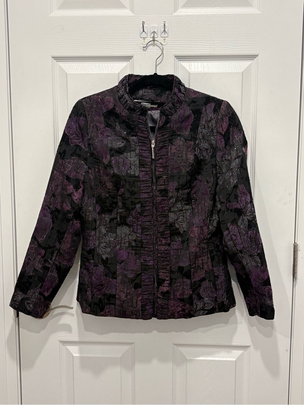 TanJay Black & Purple Floral Ruffled Zip-Front Jacket #1309